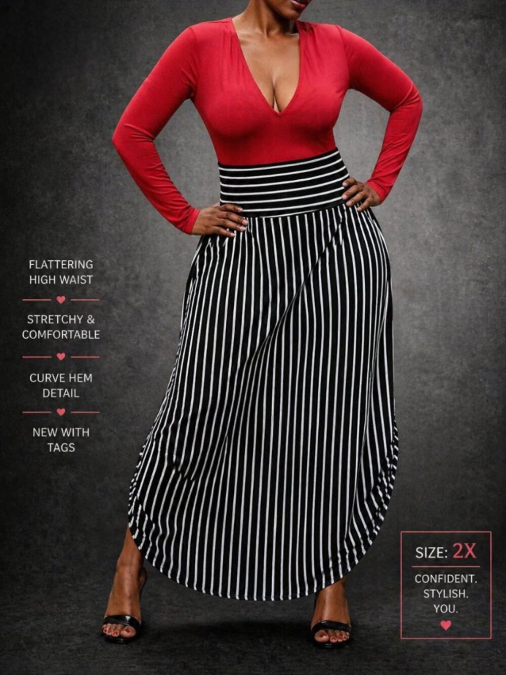 NWT She’s J Apparel 2X Black White Striped Midi Skirt High Waist Curve Hem Chic